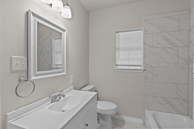 4601 Virginia Ln, Fort Worth, TX 76103 - full bath with marble finish flooring, vanity, toilet,  shower combination, and baseboards