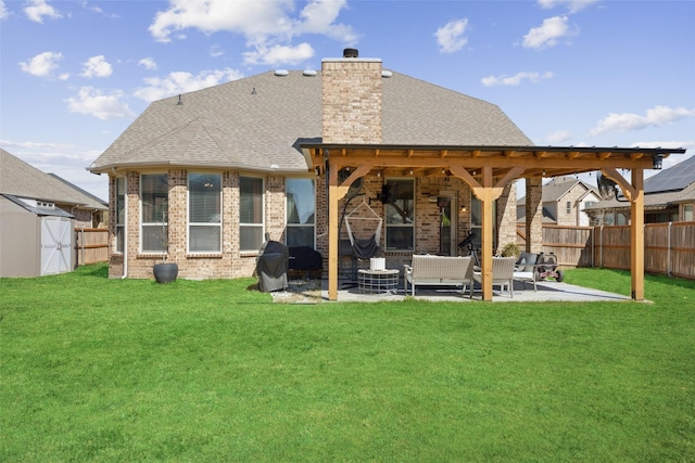4600 Periwinkle Dr, Mansfield, TX 76063 - rear view of house featuring a patio area, an outdoor hangout area, brick siding, a chimney, and a shingled roof