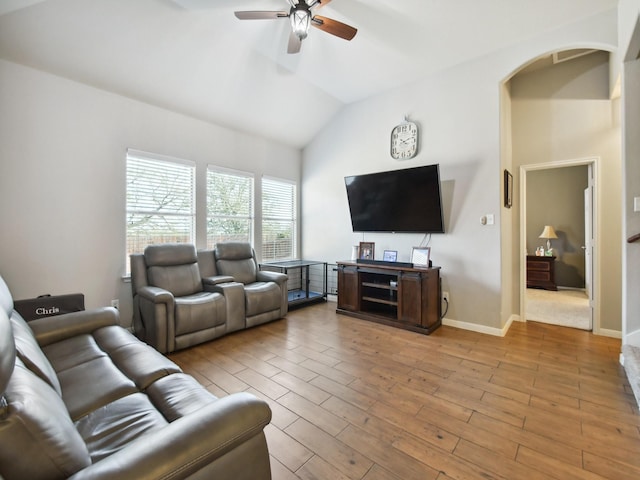 4013 Hollow Lake Rd, Fort Worth, TX 76262 - living room with a ceiling fan, wood finished floors, baseboards, and high vaulted ceiling