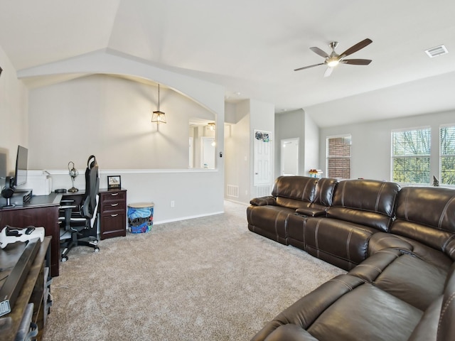 4013 Hollow Lake Rd, Fort Worth, TX 76262 - carpeted living room featuring vaulted ceiling, a ceiling fan, an office area, baseboards, and arched walkways