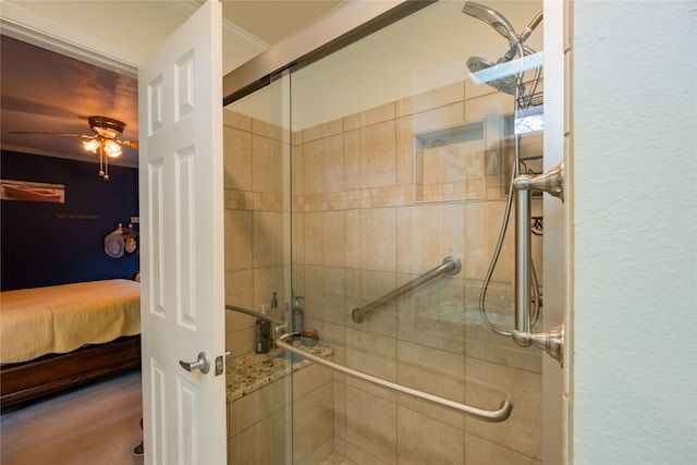138 Hideaway Ln E, Hideaway, TX 75771 - full bath with crown molding, ensuite bathroom, a shower stall, and ceiling fan