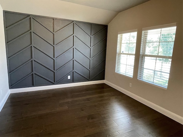 empty room featuring baseboards, dark wood finished floors, plenty of natural light, and lofted ceiling