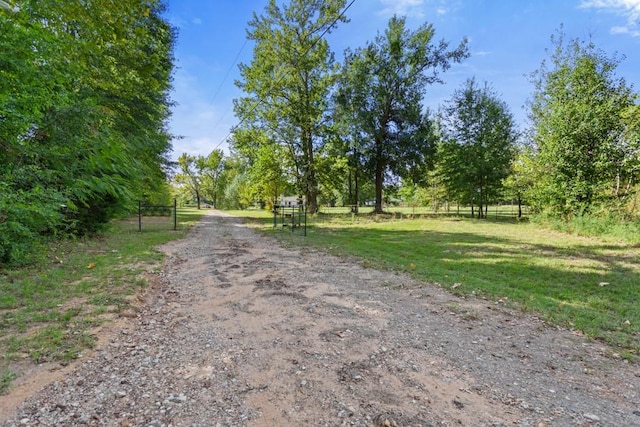 view of road with a gated entry and dirt driveway