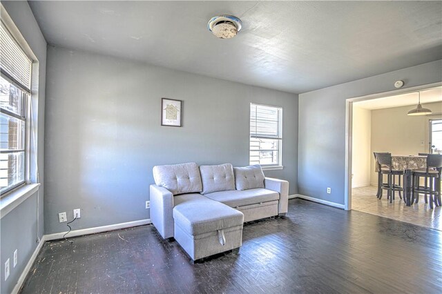 living area with baseboards and wood finished floors