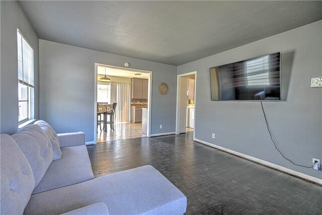 living room with baseboards and wood finished floors
