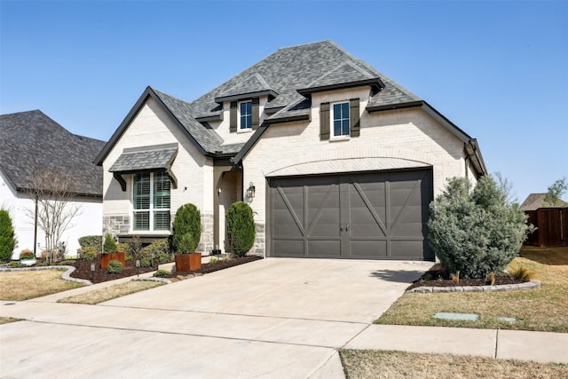 french country home with stone siding, an attached garage, concrete driveway, brick siding, and roof with shingles