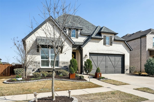 french country home with roof with shingles, fence, driveway, brick siding, and a garage