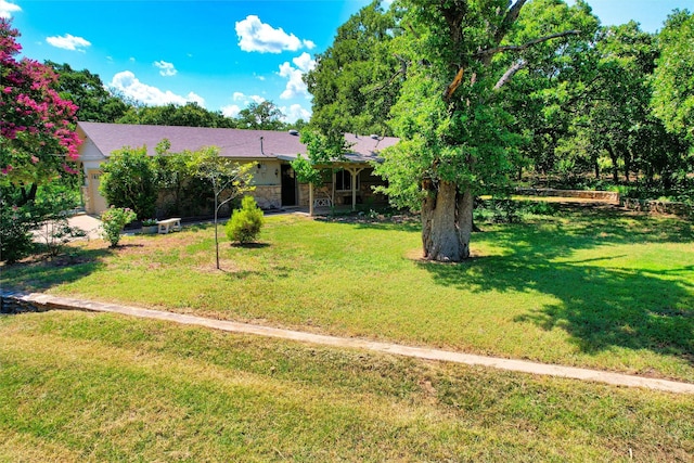 view of front of home with a front yard and stone siding