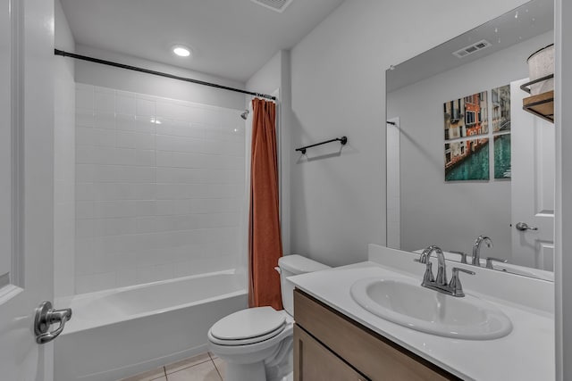 bathroom with tile patterned flooring, vanity, shower / tub combo, toilet, and visible vents