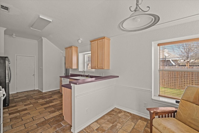 kitchen featuring visible vents, crown molding, light brown cabinets, a sink, and freestanding refrigerator