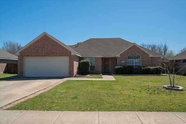 single story home featuring an attached garage, brick siding, a front lawn, roof with shingles, and driveway