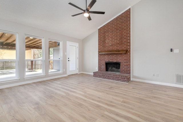 unfurnished living room featuring visible vents, a ceiling fan, light wood-style flooring, and lofted ceiling