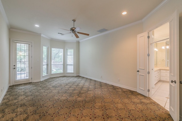 carpeted empty room featuring baseboards, visible vents, a ceiling fan, and recessed lighting