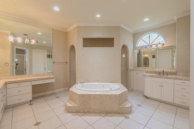full bathroom with ornamental molding, a bath, tile patterned flooring, and a sink