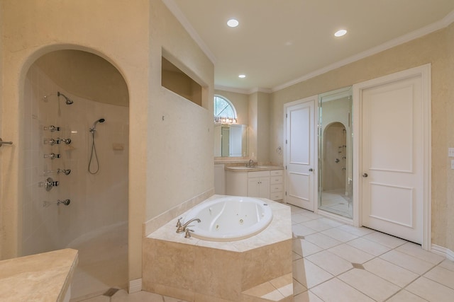full bath with tiled shower, crown molding, and a jetted tub