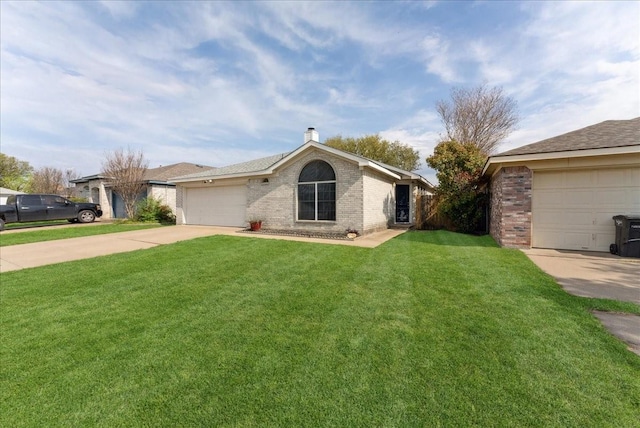 ranch-style house with driveway, brick siding, an attached garage, and a front yard