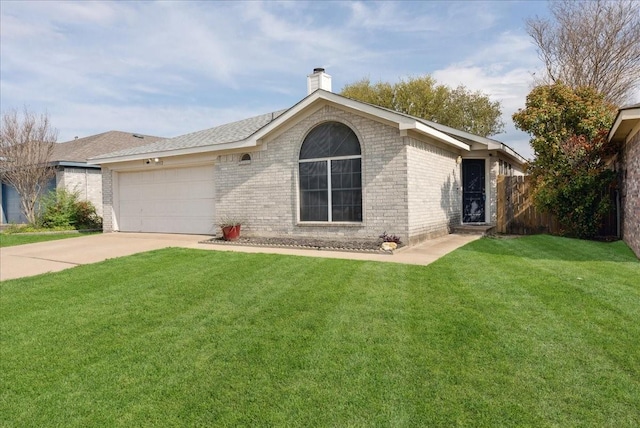 ranch-style house with fence, driveway, a front yard, brick siding, and a garage
