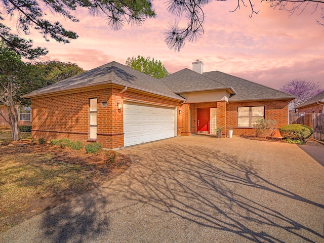 4011 Appian Way, Arlington, TX 76013 - view of front facade featuring brick siding, an attached garage, a chimney, asphalt driveway, and roof with shingles
