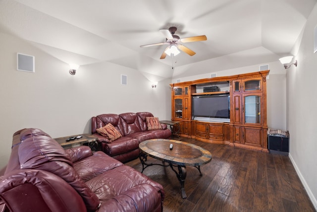 9721 Stripling Dr, Fort Worth, TX 76244 - living room with dark wood-style flooring, ceiling fan, lofted ceiling, and baseboards