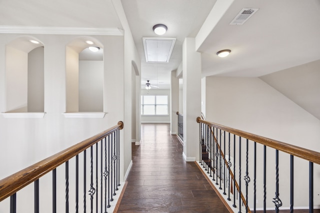 9721 Stripling Dr, Fort Worth, TX 76244 - corridor featuring attic access, wood finished floors, an upstairs landing, and baseboards