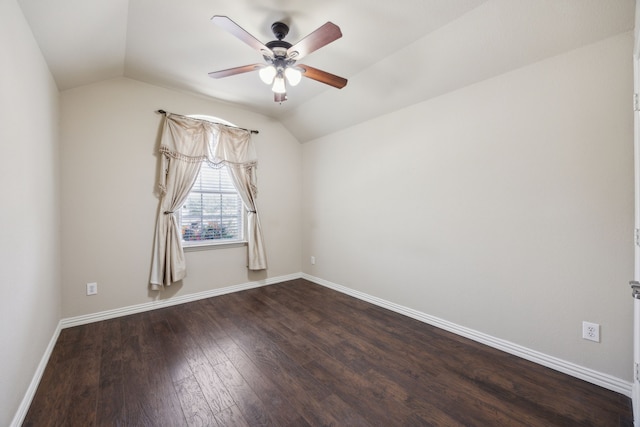 9721 Stripling Dr, Fort Worth, TX 76244 - empty room with ceiling fan, lofted ceiling, dark wood finished floors, and baseboards