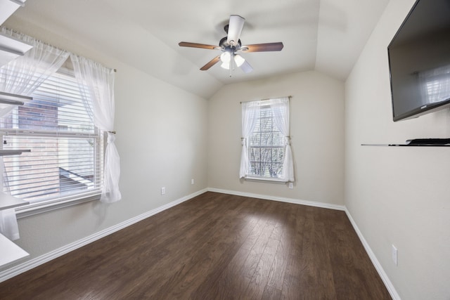9721 Stripling Dr, Fort Worth, TX 76244 - unfurnished room featuring a ceiling fan, baseboards, wood finished floors, and lofted ceiling