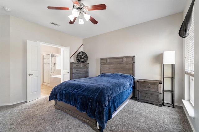 5532 Grayson Ridge Dr, Fort Worth, TX 76179 - bedroom featuring light carpet, connected bathroom, and ceiling fan