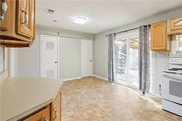 kitchen featuring electric range, light countertops, baseboards, and visible vents