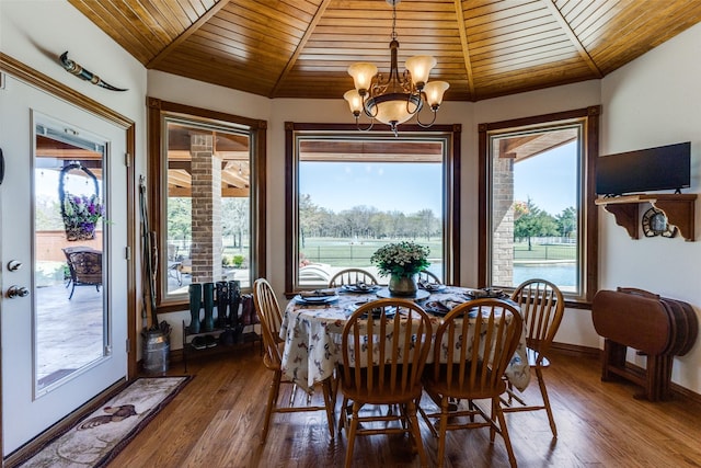 dining room featuring an inviting chandelier, wood ceiling, baseboards, and a healthy amount of sunlight