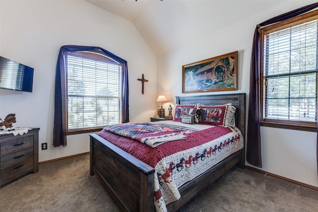 bedroom featuring carpet floors, multiple windows, baseboards, and lofted ceiling