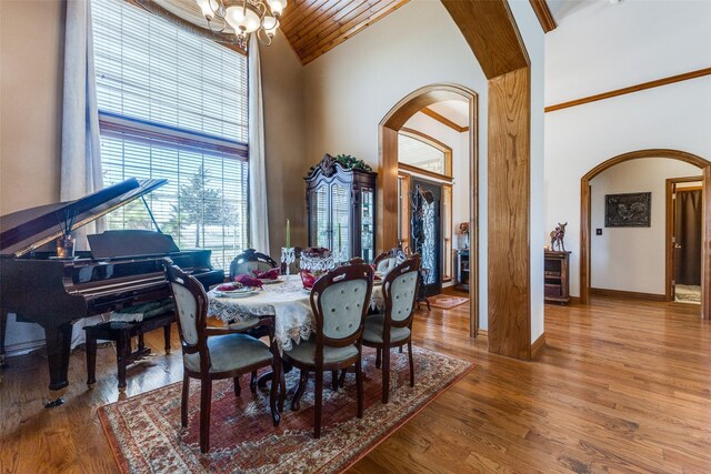 dining area with a healthy amount of sunlight, arched walkways, high vaulted ceiling, and a notable chandelier
