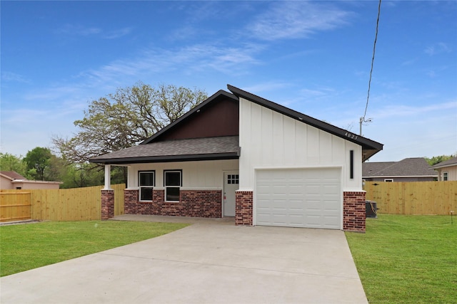 view of property exterior featuring driveway, an attached garage, a lawn, and brick siding