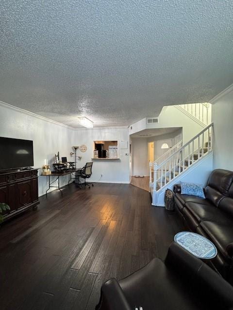 2411 Northlake Ct, Irving, TX 75038 - living room with a textured ceiling, wood finished floors, stairs, and crown molding