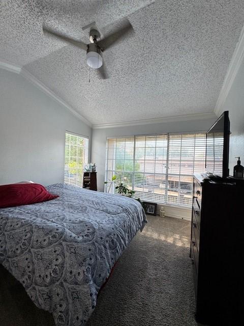 2411 Northlake Ct, Irving, TX 75038 - carpeted bedroom featuring crown molding, a textured ceiling, lofted ceiling, and ceiling fan