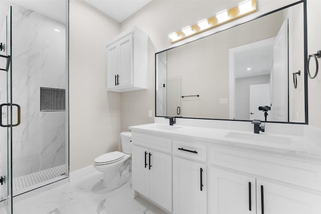 2111 Brookhaven Dr, Dallas, TX 75224 - full bath featuring a marble finish shower, marble finish floor, a sink, and toilet