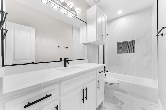 2111 Brookhaven Dr, Dallas, TX 75224 - full bath featuring toilet, vanity, marble finish floor, tub / shower combination, and recessed lighting