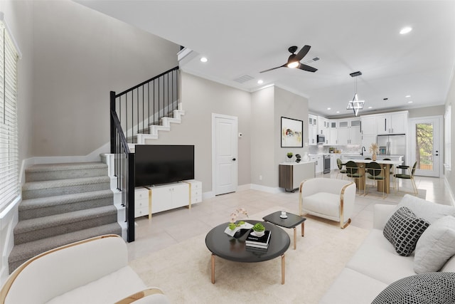2111 Brookhaven Dr, Dallas, TX 75224 - living area with visible vents, stairs, ornamental molding, recessed lighting, and light tile patterned floors