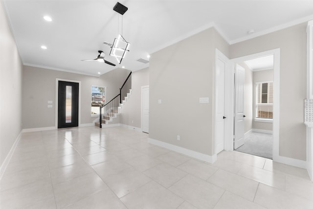 2111 Brookhaven Dr, Dallas, TX 75224 - foyer entrance featuring stairs, crown molding, a ceiling fan, baseboards, and recessed lighting