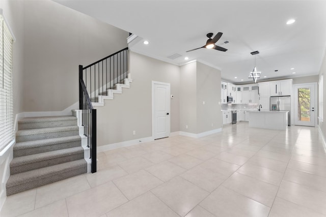 2111 Brookhaven Dr, Dallas, TX 75224 - unfurnished living room with stairs, recessed lighting, baseboards, visible vents, and a ceiling fan