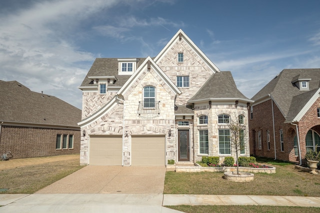 15664 Wild Cherry Ln, Fort Worth, TX 76262 - french provincial home with stone siding, concrete driveway, a front yard, and a garage