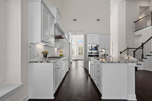 15664 Wild Cherry Ln, Fort Worth, TX 76262 - kitchen featuring a high ceiling, under cabinet range hood, dark wood-style flooring, stainless steel appliances, and baseboards