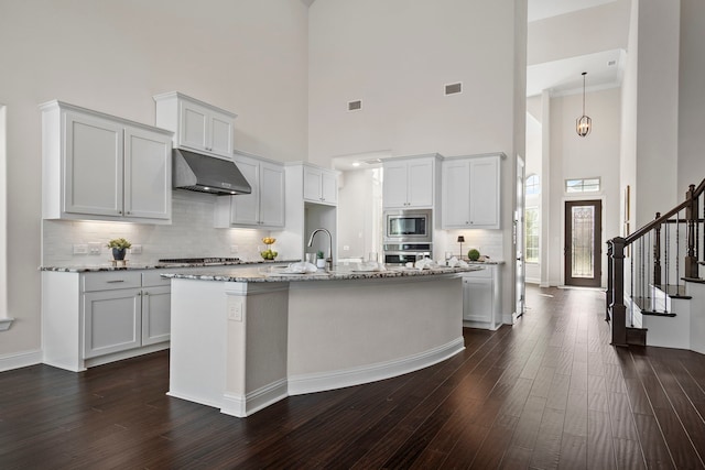15664 Wild Cherry Ln, Fort Worth, TX 76262 - kitchen featuring a high ceiling, under cabinet range hood, appliances with stainless steel finishes, light stone countertops, and a sink