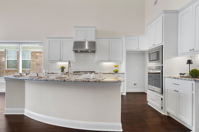 15664 Wild Cherry Ln, Fort Worth, TX 76262 - kitchen featuring stainless steel appliances, under cabinet range hood, a high ceiling, backsplash, and white cabinets