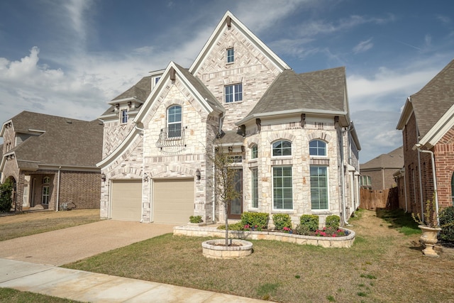 15664 Wild Cherry Ln, Fort Worth, TX 76262 - french country style house with stone siding, driveway, an attached garage, and a shingled roof