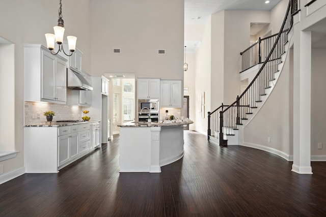 15664 Wild Cherry Ln, Fort Worth, TX 76262 - kitchen with stainless steel appliances, under cabinet range hood, a high ceiling, baseboards, and stone countertops
