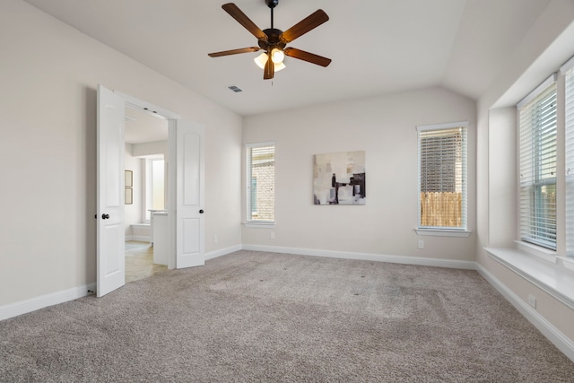 15664 Wild Cherry Ln, Fort Worth, TX 76262 - unfurnished bedroom with carpet floors, vaulted ceiling, baseboards, and a ceiling fan