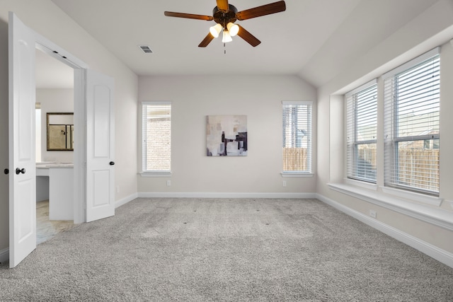 15664 Wild Cherry Ln, Fort Worth, TX 76262 - empty room featuring light carpet, ceiling fan, baseboards, and lofted ceiling