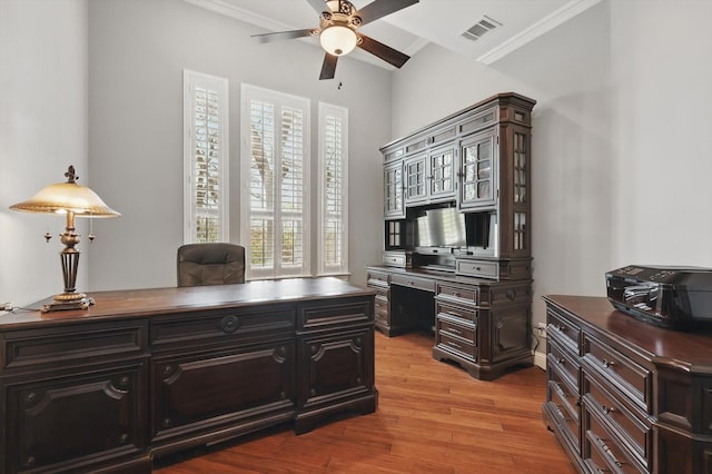 3713 Hidden Trl, Flower Mound, TX 75022 - office area with ceiling fan, ornamental molding, and wood finished floors