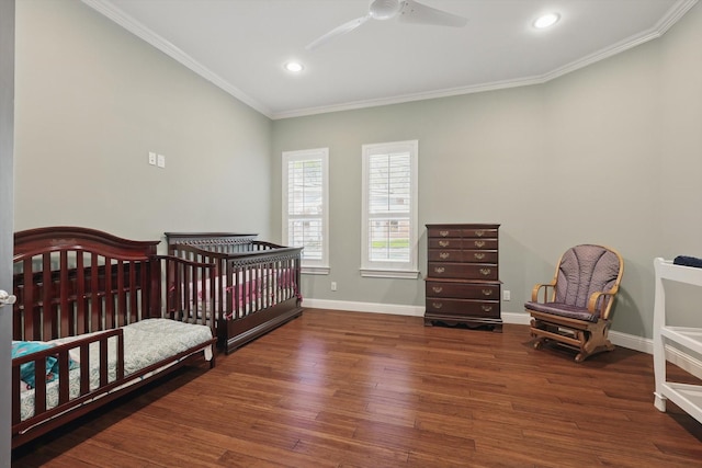 3713 Hidden Trl, Flower Mound, TX 75022 - bedroom with wood finished floors, ornamental molding, recessed lighting, a ceiling fan, and a nursery area
