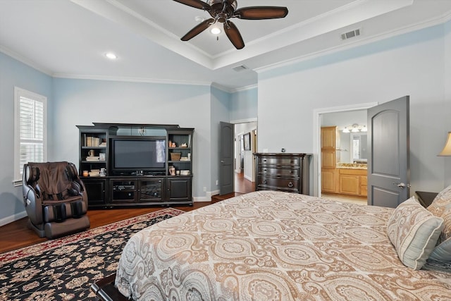 3713 Hidden Trl, Flower Mound, TX 75022 - bedroom with wood finished floors, ornamental molding, ensuite bathroom, and a ceiling fan